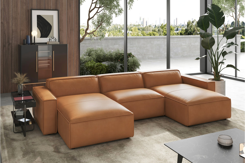 Valencia Nathan Full Aniline Leather Modular Sofa with Down Feather, Row of 3 with 2 Chaises, Caramel Brown Color