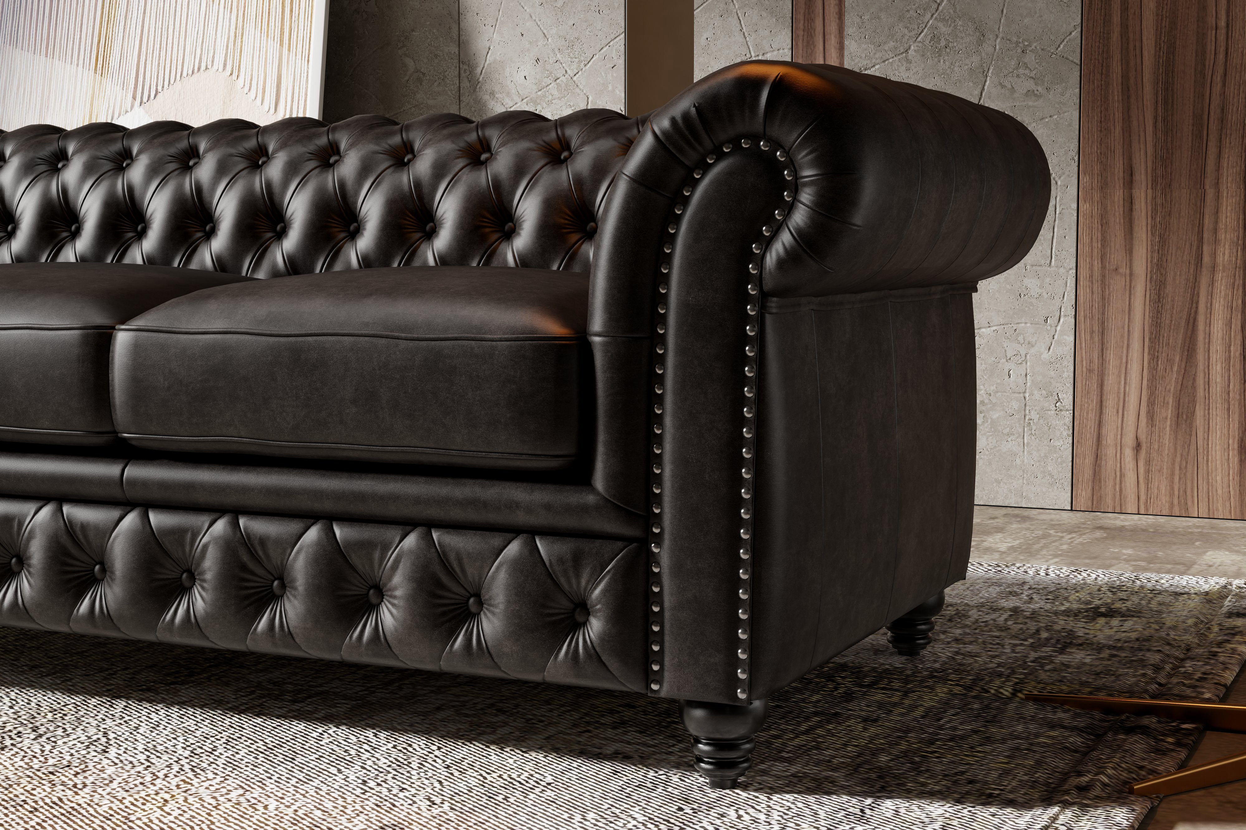 Valencia Parma 92" Full Aniline Leather Chesterfield Three Seats Sofa, Black Color