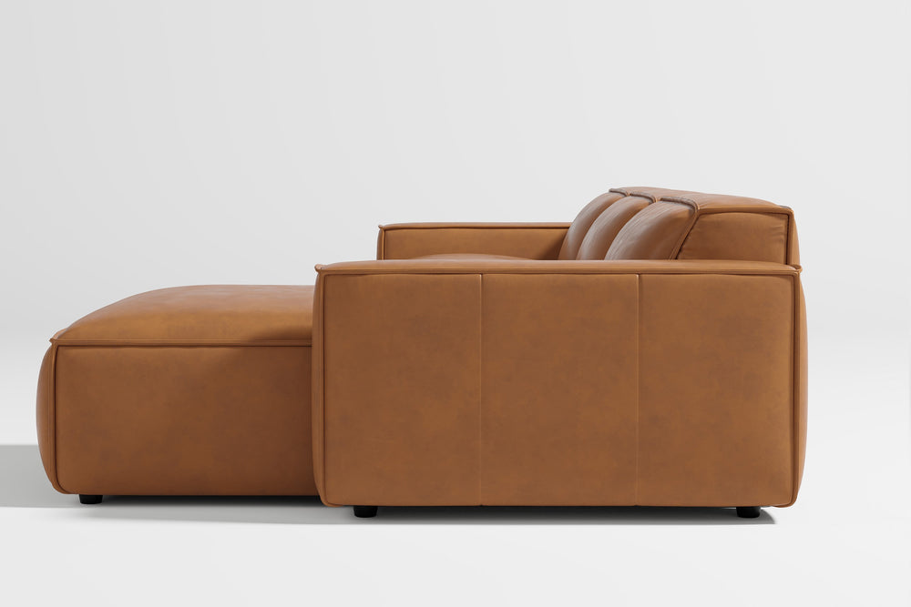 Valencia Nathan Aniline Leather Lounge Modular Sofa, Three Seats with Right Chaise, Caramel Brown Color