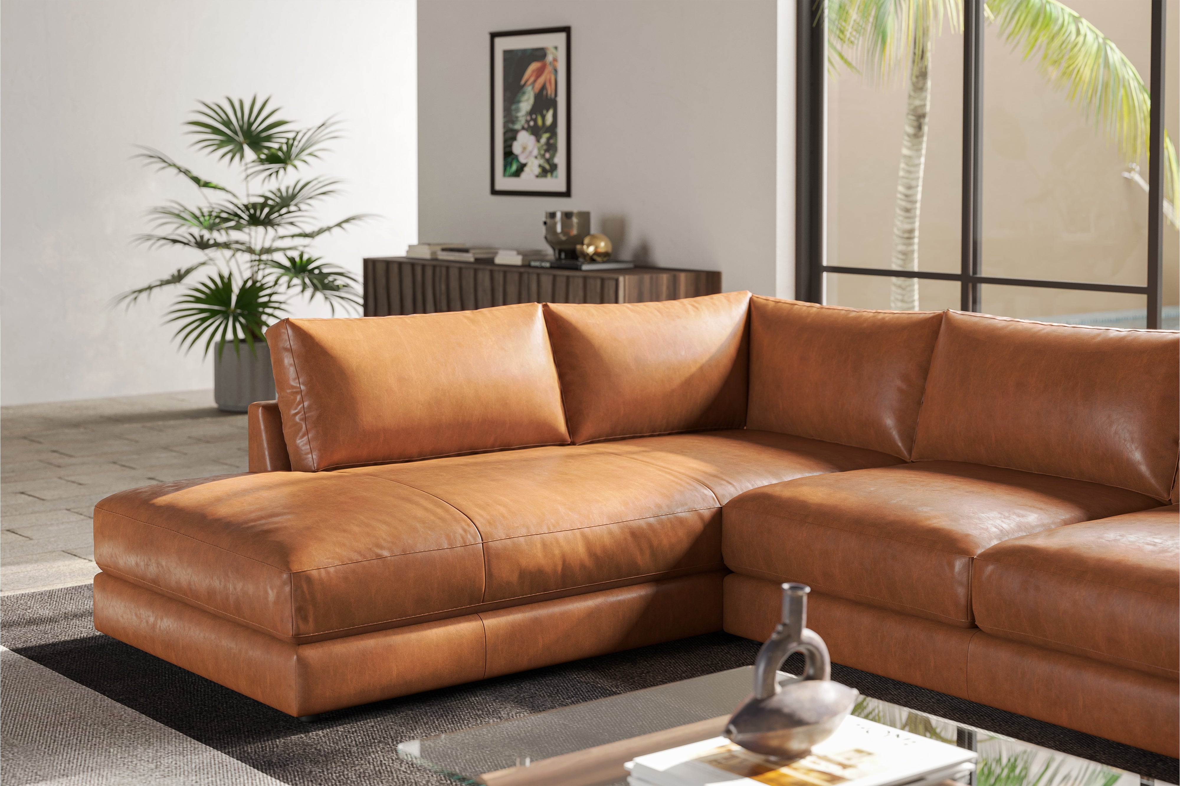 Valencia Serena Leather 2-Piece Left Bumper Chaise Sectional Sofa, Cognac