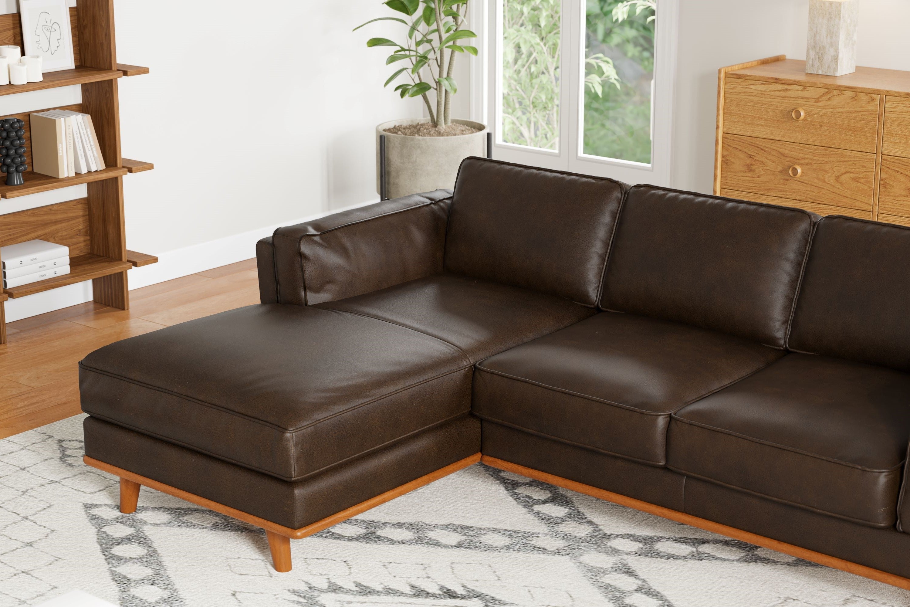 Valencia Artisan Top Grain Three Seats with Left Hand Chaise Leather Sofa, Chocolate