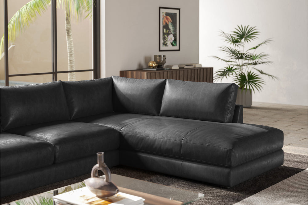 Valencia Serena Leather 2-Piece Right Bumper Chaise Sectional Sofa, Black