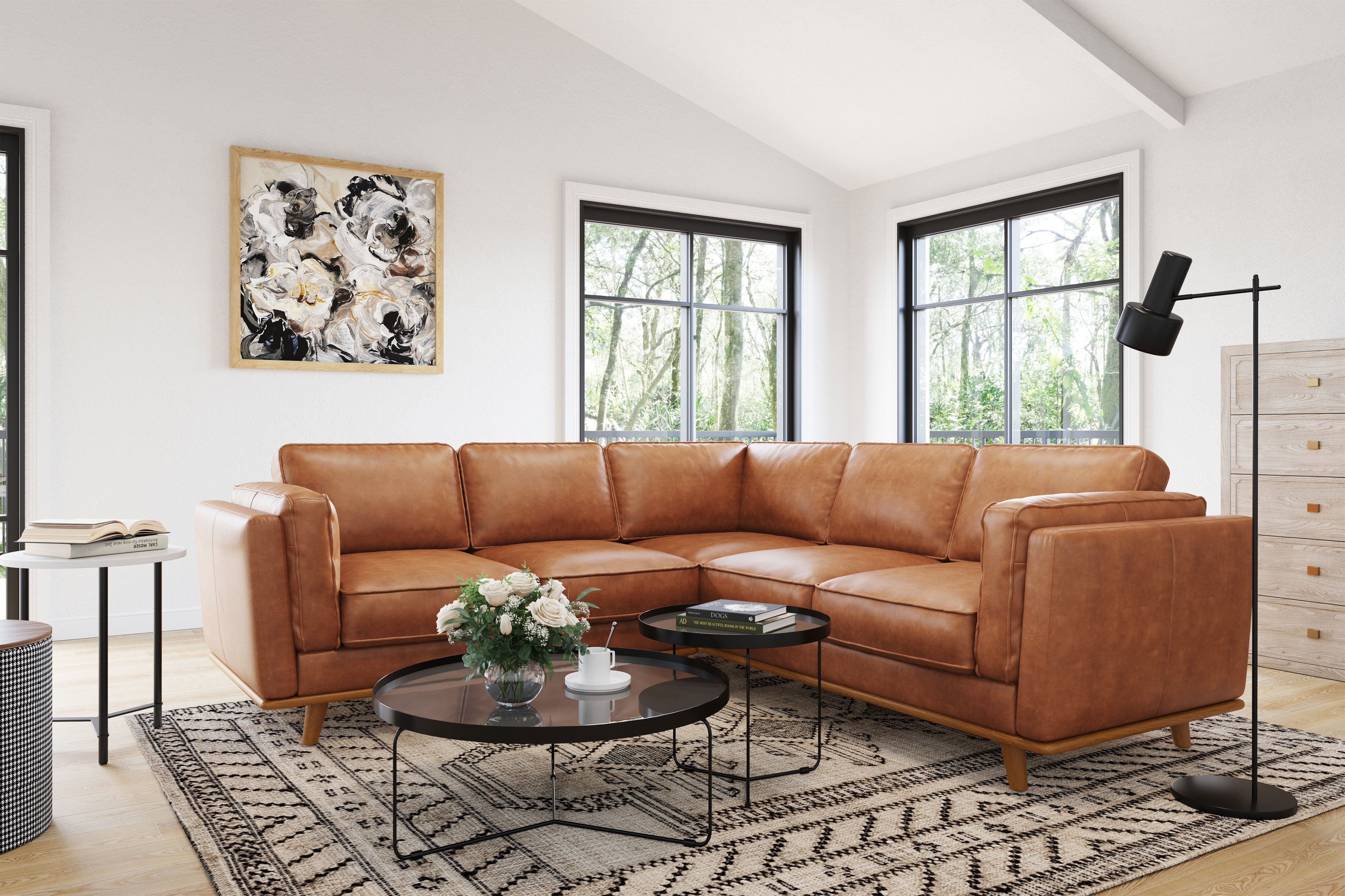 Valencia Artisan L-Shape Corner Leather Sectional Sofa, Cognac