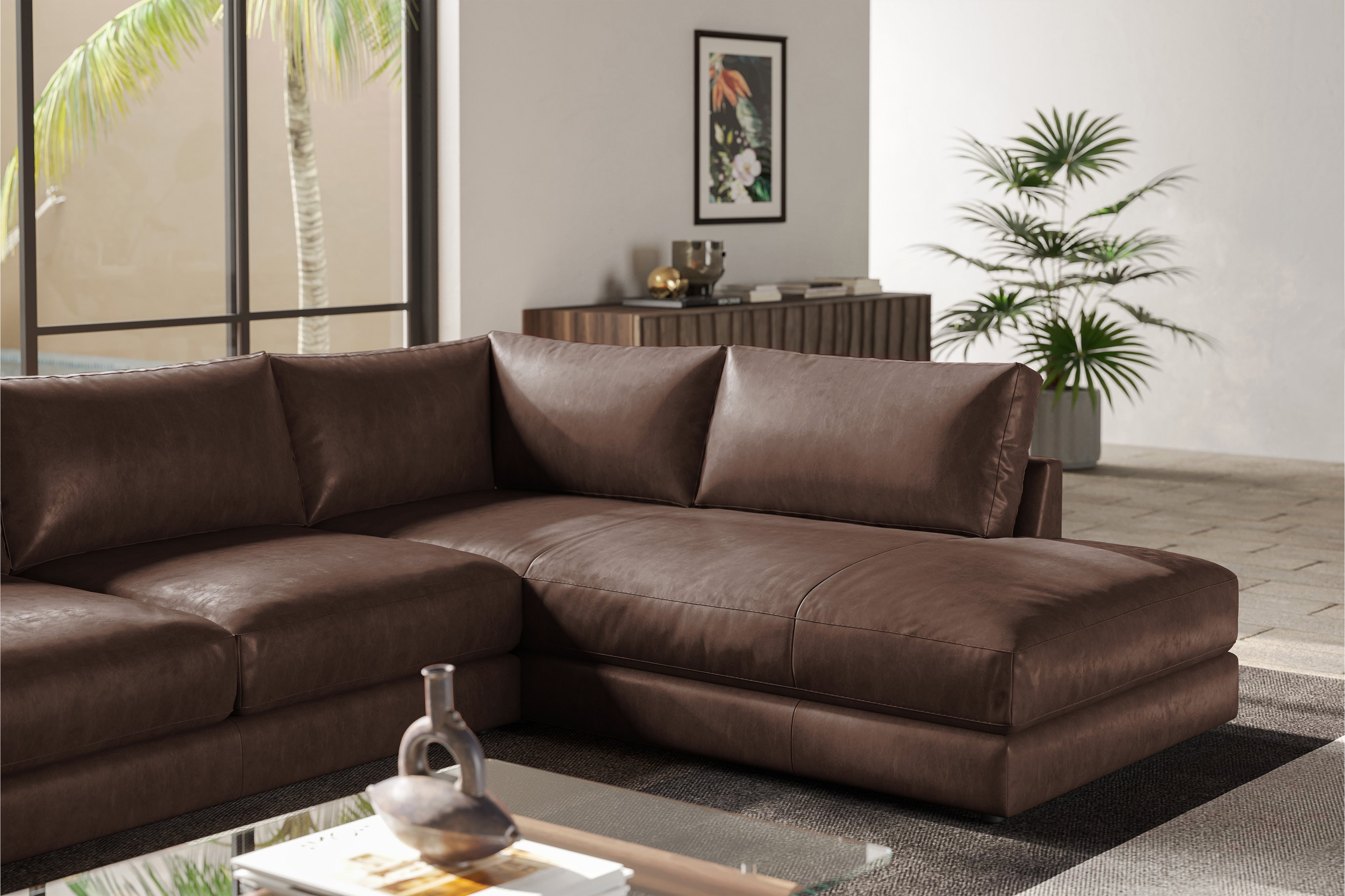 Valencia Serena Leather 2-Piece Right Bumper Chaise Sectional Sofa, Brown