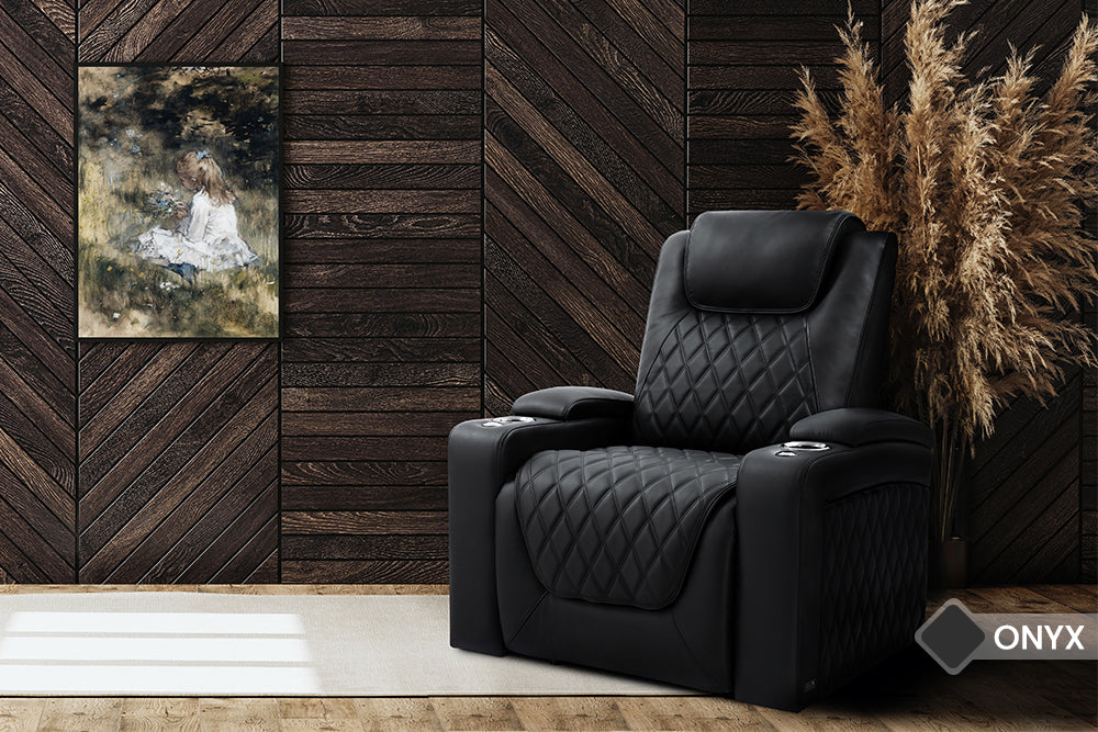 In a Living Room, There is Right Angled Front View of A Luxurious, Onyx, Single Seat, Wood and Steel Frame, Semi-Aniline Italian Nappa Leather Oslo Luxury Edition Home Theater Seating.