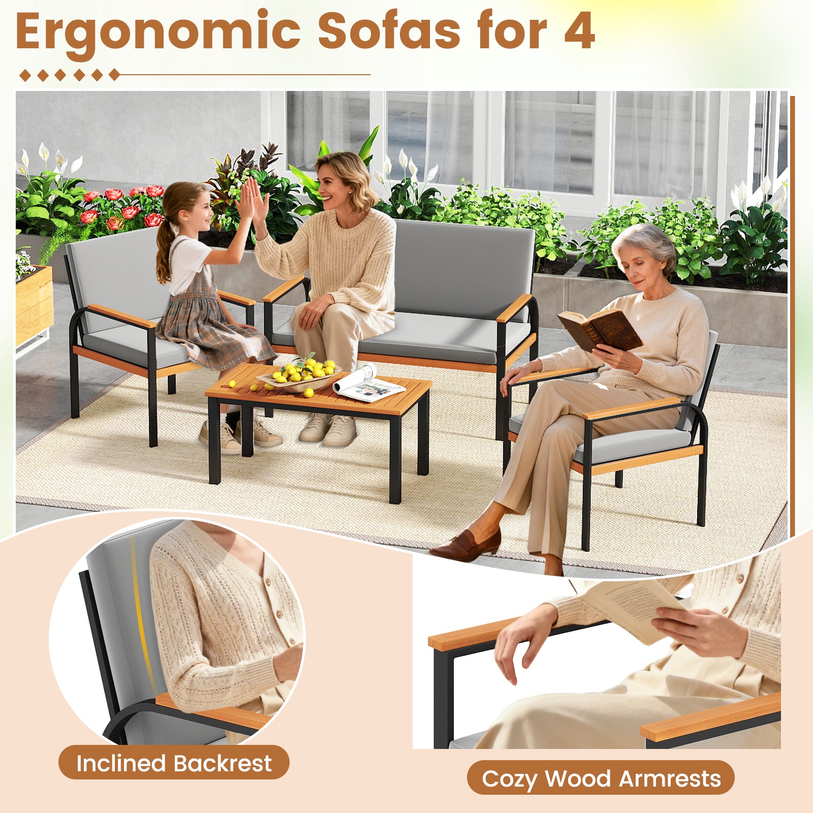 4 Piece Patio Furniture Set with Coffee Table and Loveseat with Removable Cushions