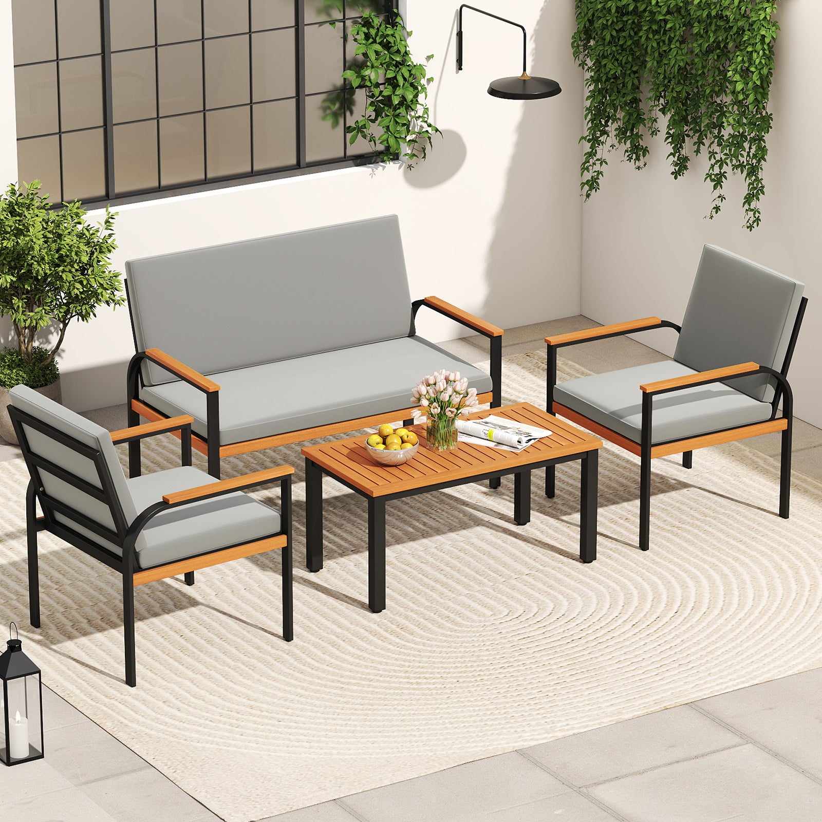 4 Piece Patio Furniture Set with Coffee Table and Loveseat with Removable Cushions
