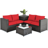 4 Pieces Outdoor Patio Rattan Furniture Set with Cushioned Loveseat and Storage Box