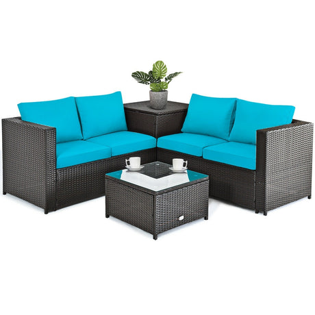 4 Pieces Outdoor Patio Rattan Furniture Set with Cushioned Loveseat and Storage Box