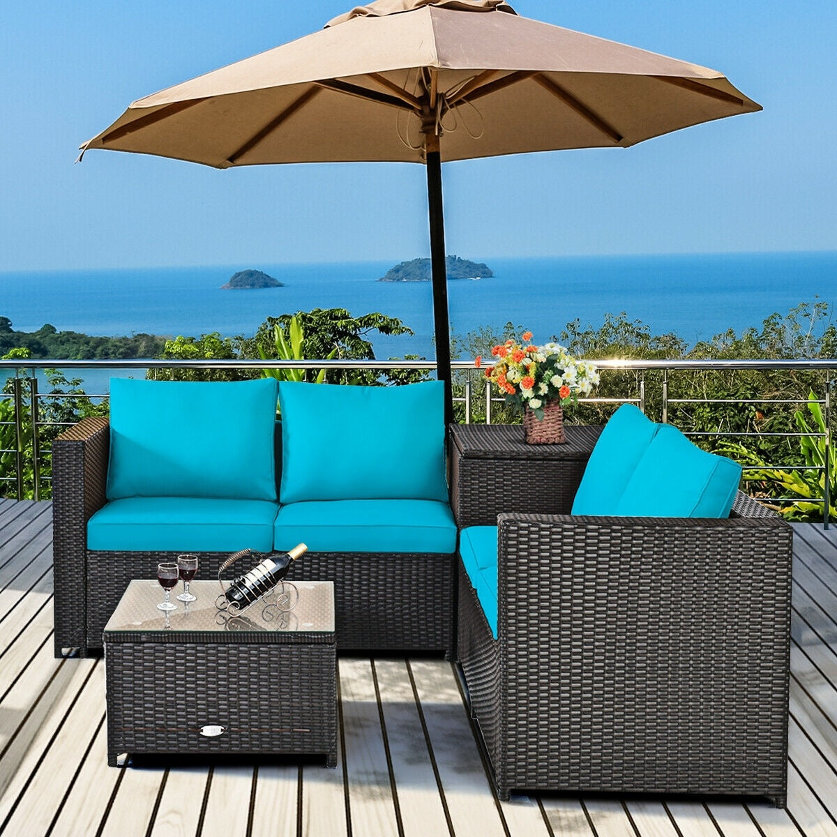 4 Pieces Outdoor Patio Rattan Furniture Set with Cushioned Loveseat and Storage Box