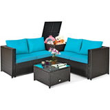 4 Pieces Outdoor Patio Rattan Furniture Set with Cushioned Loveseat and Storage Box