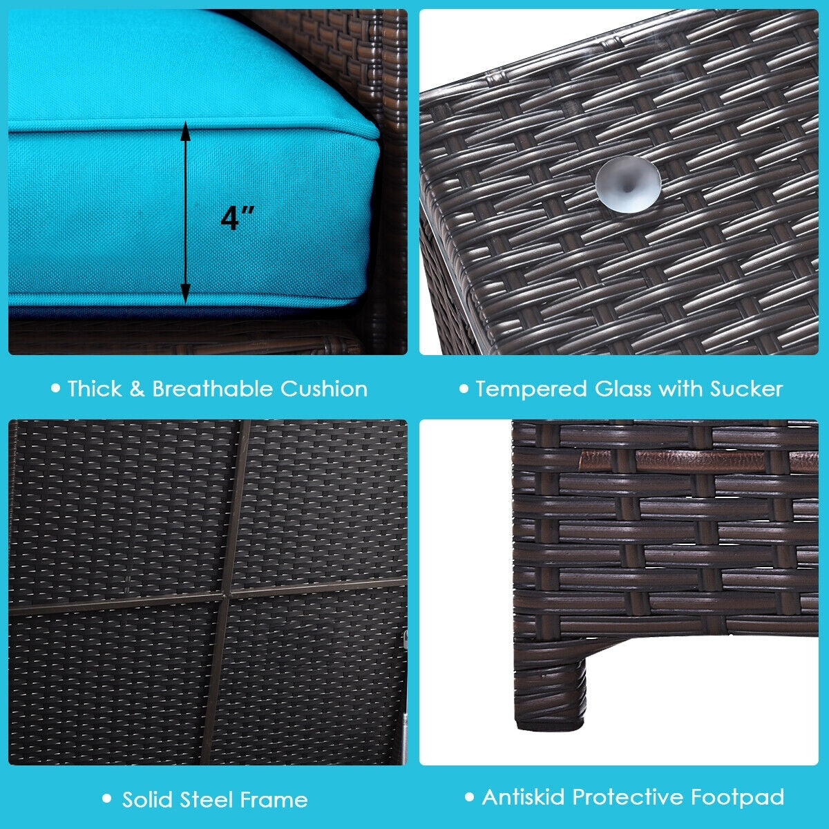 4 Pieces Outdoor Patio Rattan Furniture Set with Cushioned Loveseat and Storage Box