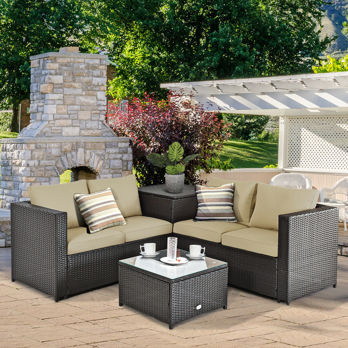 4 Pieces Outdoor Patio Rattan Furniture Set with Cushioned Loveseat and Storage Box