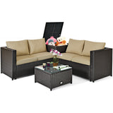 4 Pieces Outdoor Patio Rattan Furniture Set with Cushioned Loveseat and Storage Box