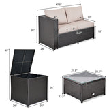 4 Pieces Outdoor Patio Rattan Furniture Set with Cushioned Loveseat and Storage Box