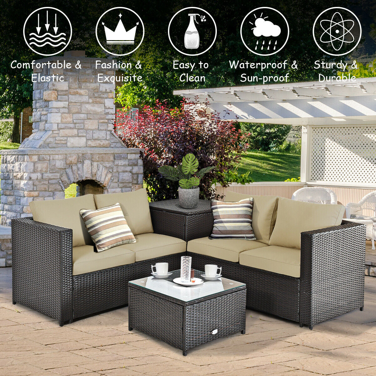 4 Pieces Outdoor Patio Rattan Furniture Set with Cushioned Loveseat and Storage Box