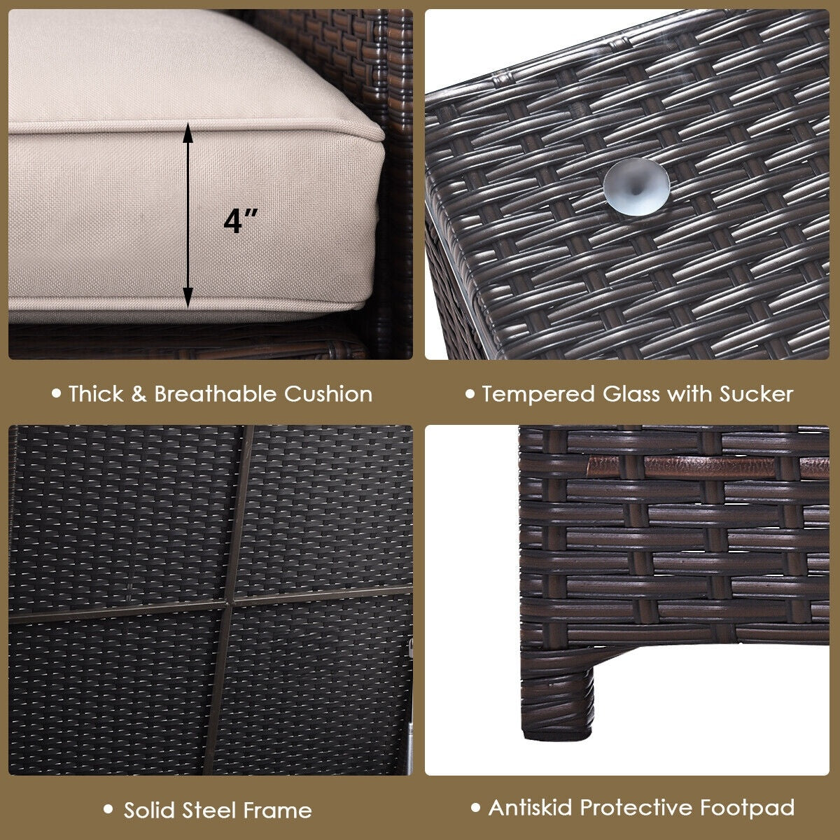 4 Pieces Outdoor Patio Rattan Furniture Set with Cushioned Loveseat and Storage Box