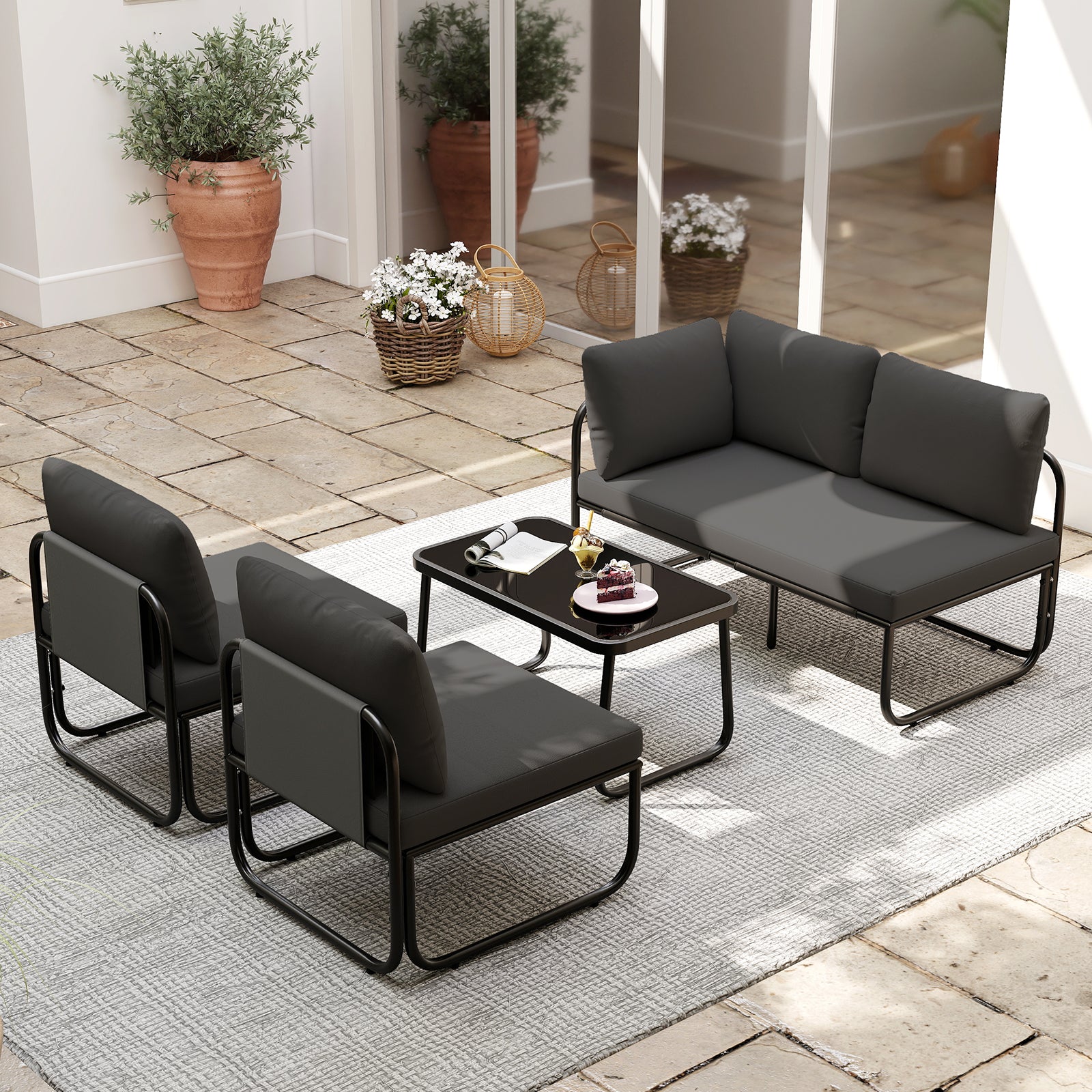 4 Pieces Patio Furniture Set with Cushions and Coffee Table