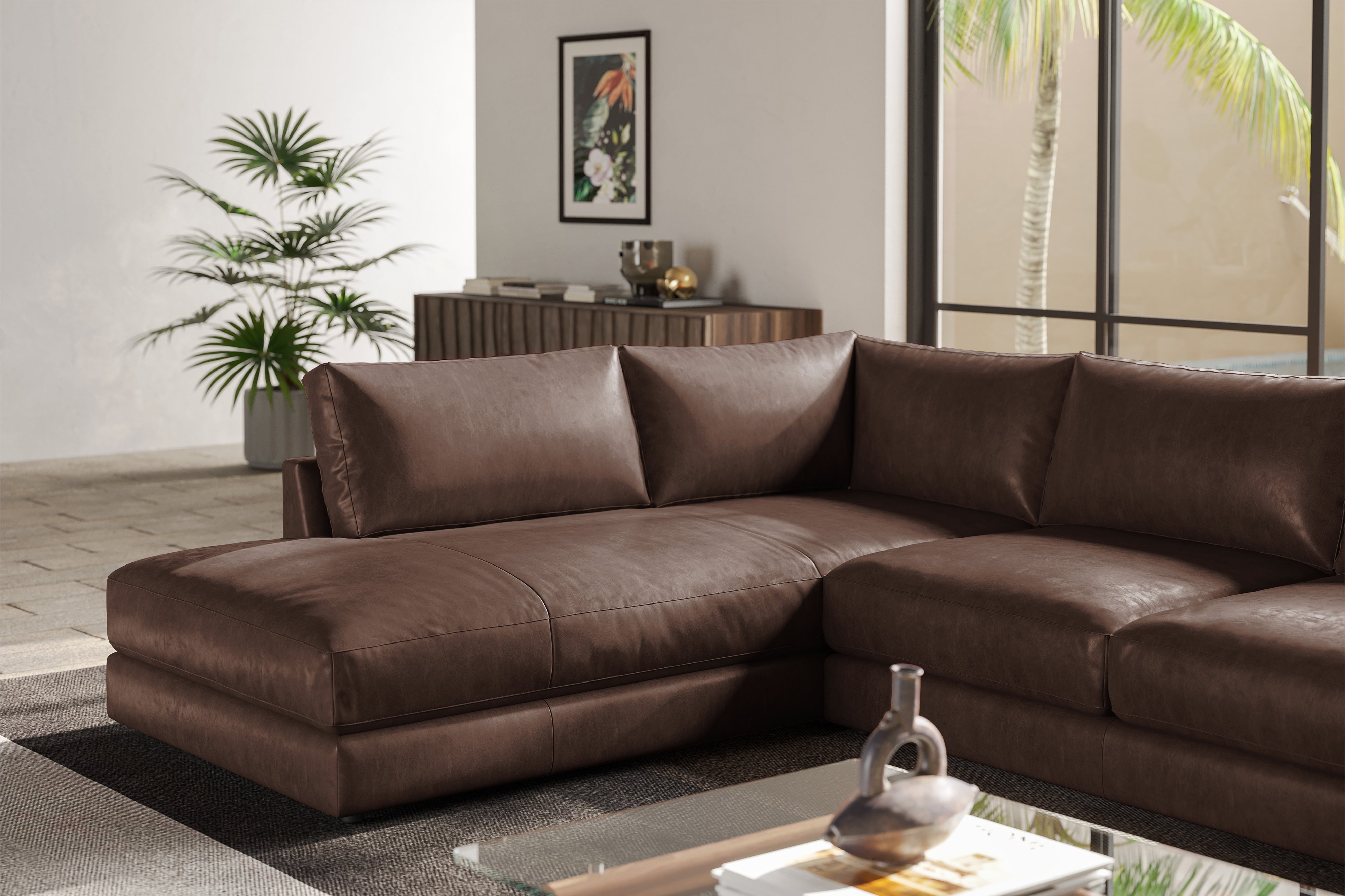 Valencia Serena Leather 2-Piece Left Bumper Chaise Sectional Sofa, Brown