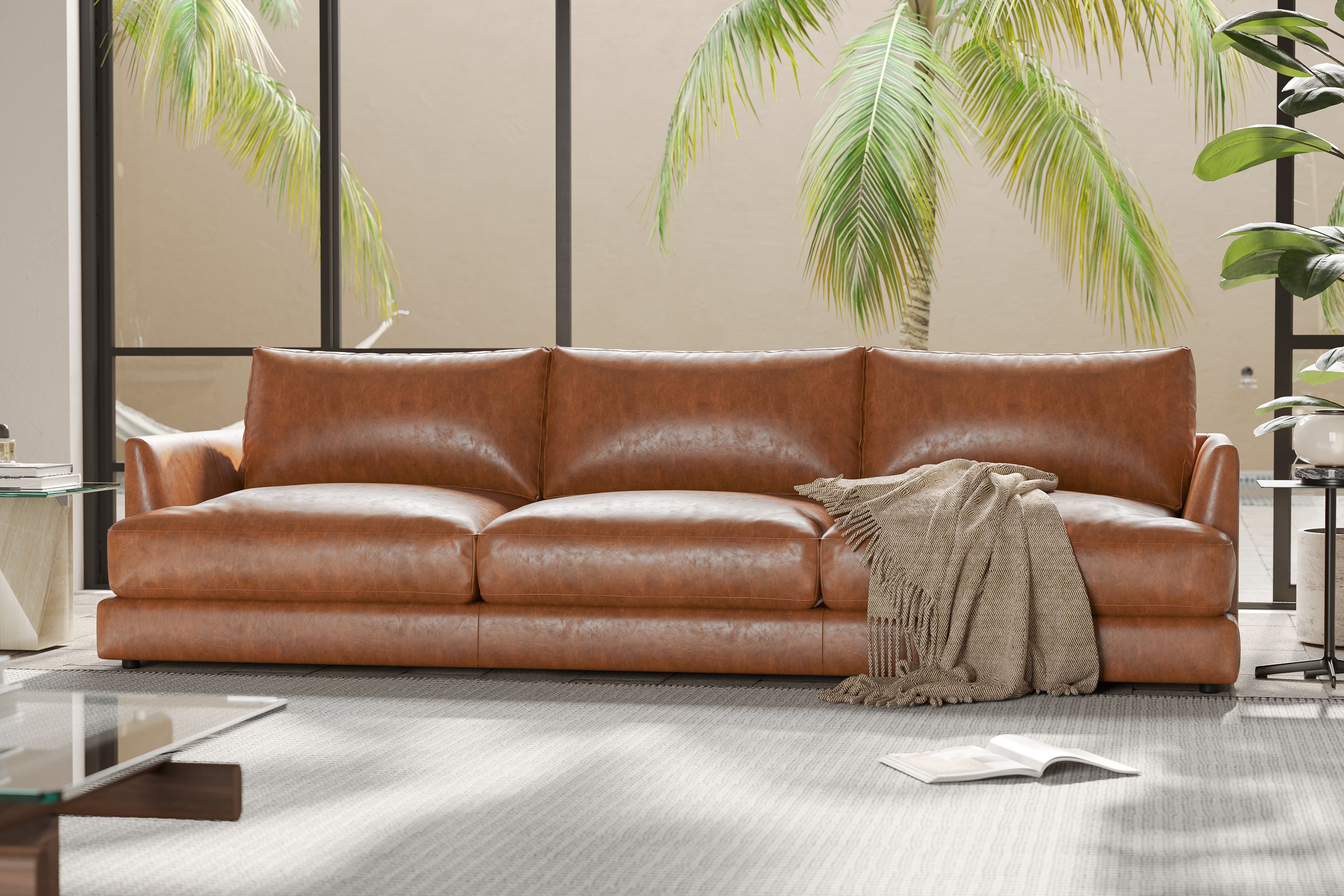 Valencia Serena Leather Three Seats Sectional Sofa, Cognac