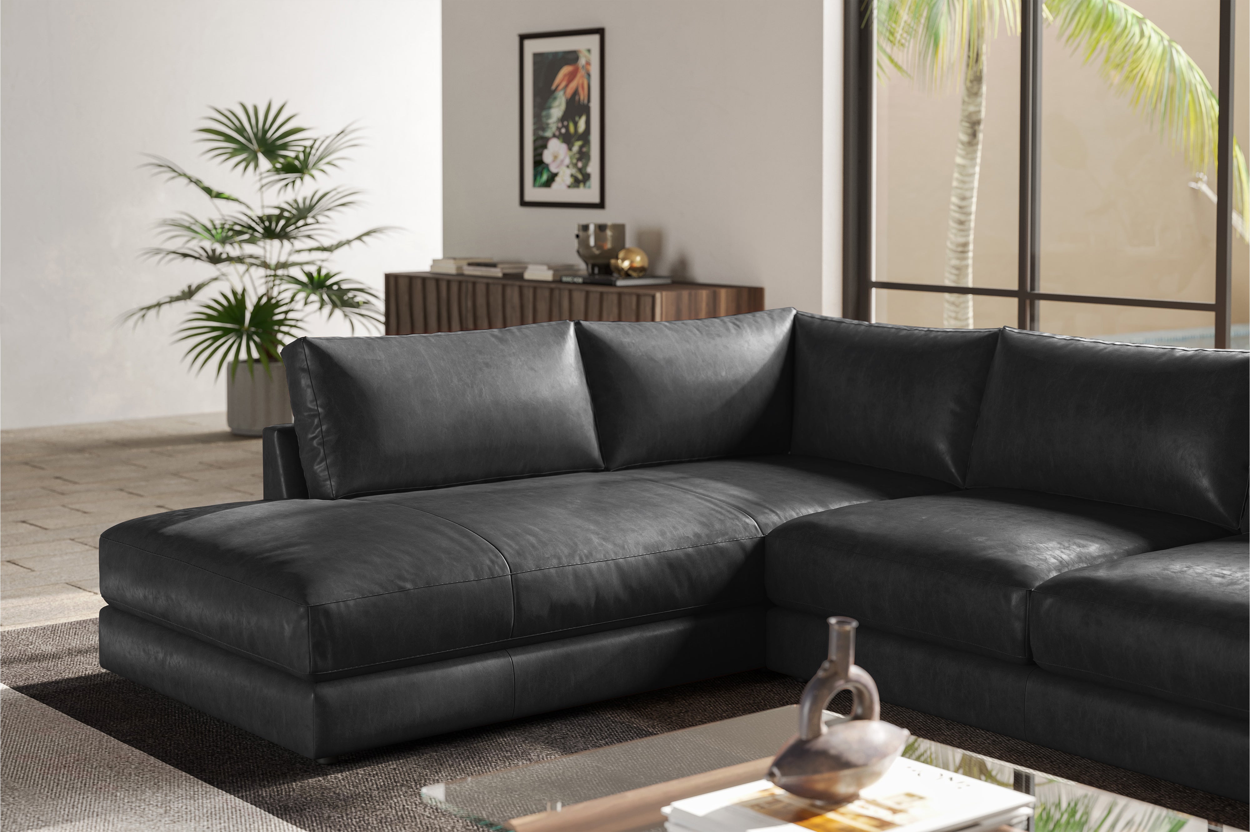 Valencia Serena Leather 2-Piece Left Bumper Chaise Sectional Sofa, Black