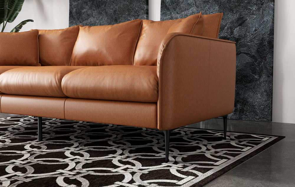 In a Living Room, There is Half Right Angled Front View of A Modern. Walnut Brown, Three Seats, Top-Grain Premium Leather Contemporary Sofa.