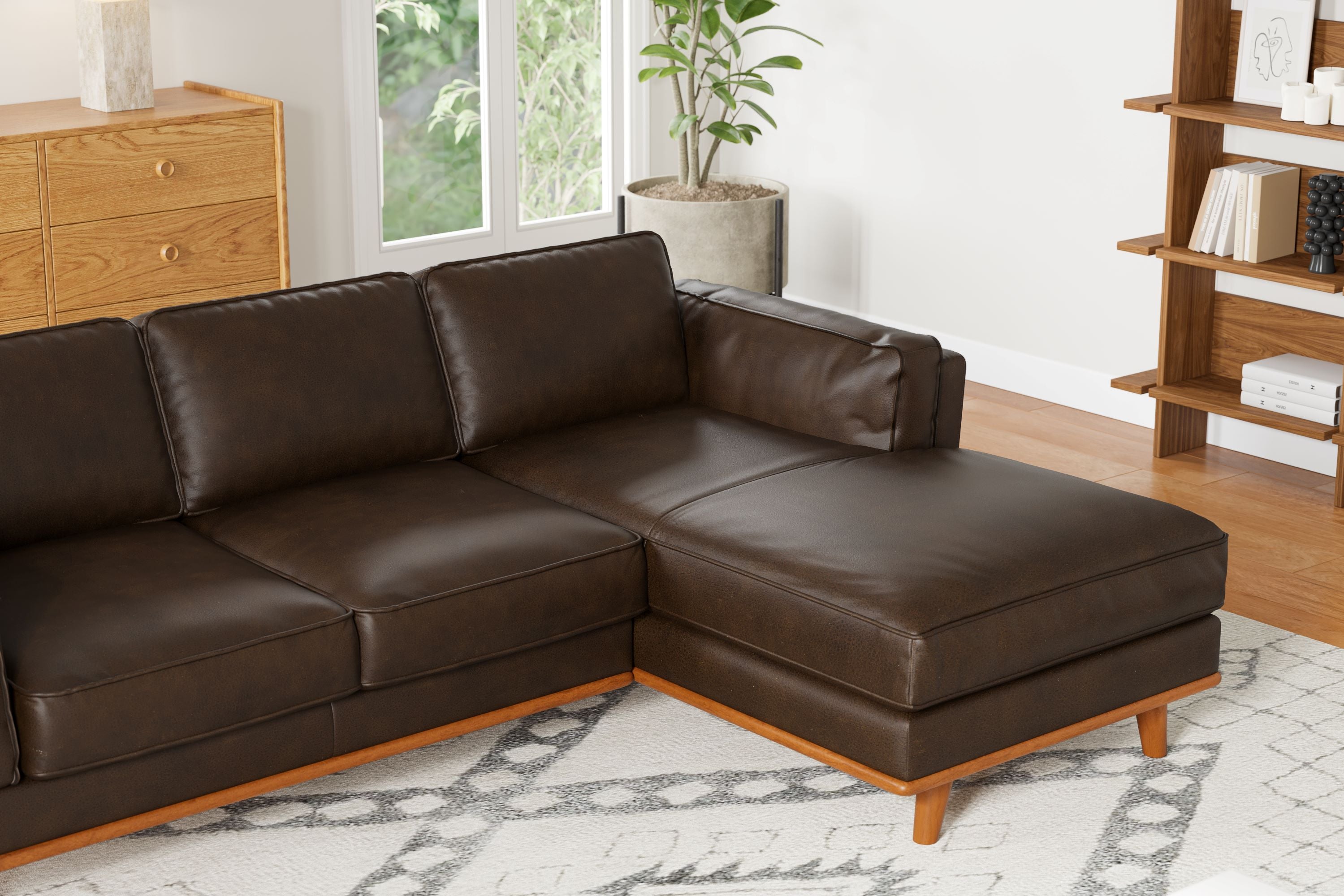 Valencia Artisan Top Grain Three Seats with Right Hand Chaise Leather Sofa, Chocolate