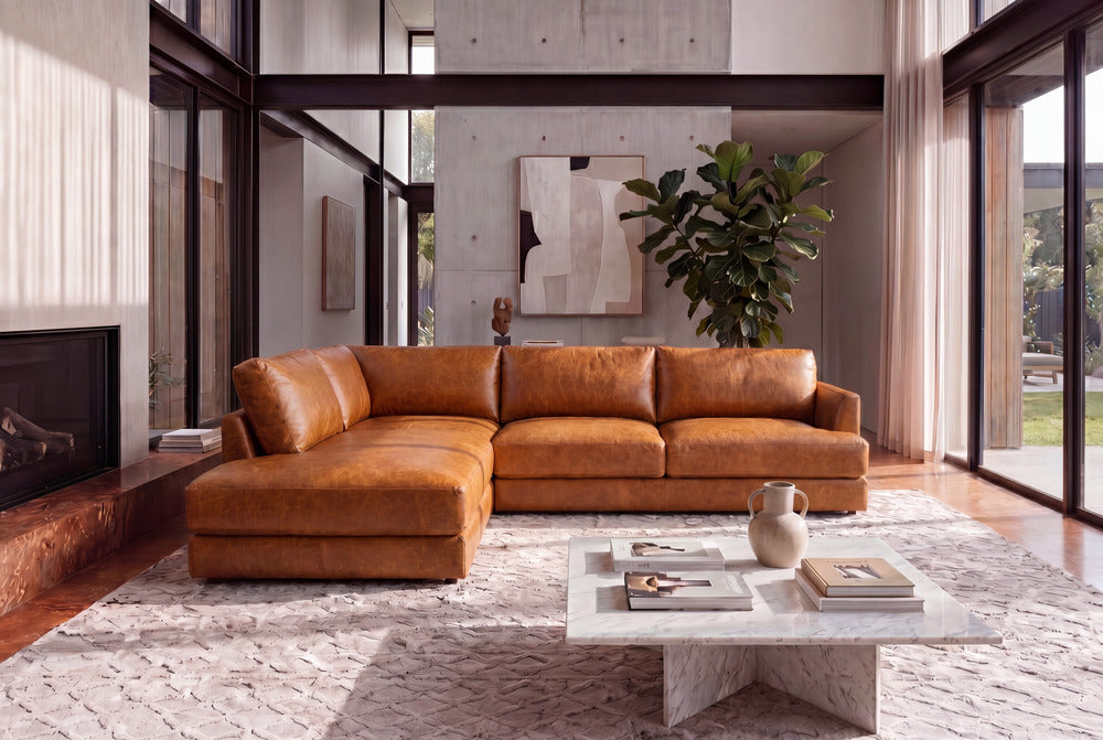 Living room with distressed leather sectional