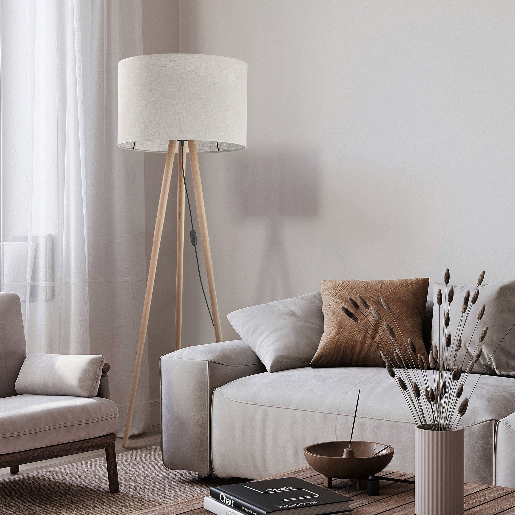 TOKYO Beige Linen Floor Lamp for Living Room, Bedroom & Reading Nook – Scandinavian Minimalist Design
