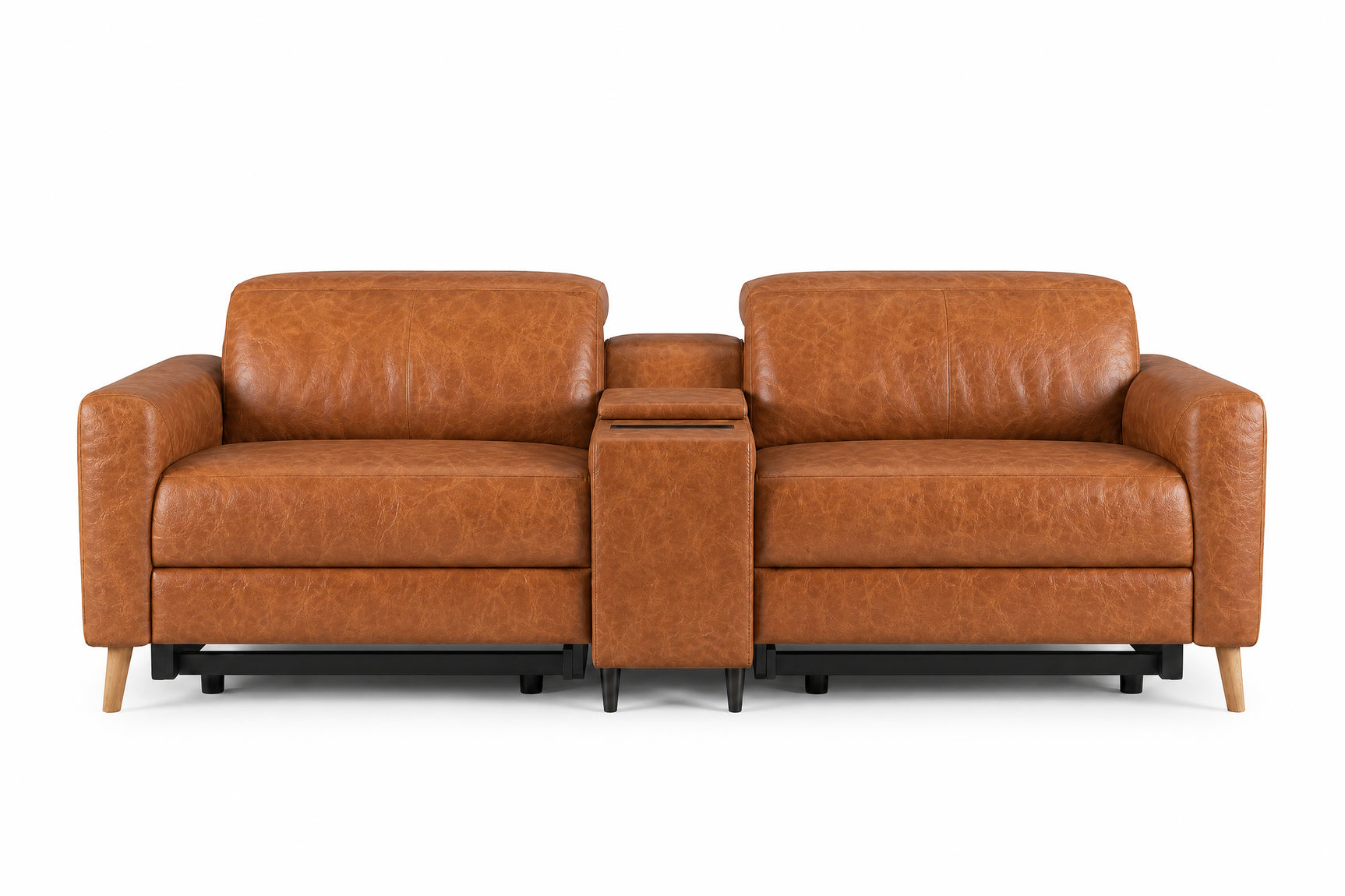 Elodie Distressed Italian Aniline Leather Dual Recliner Sofa with Console