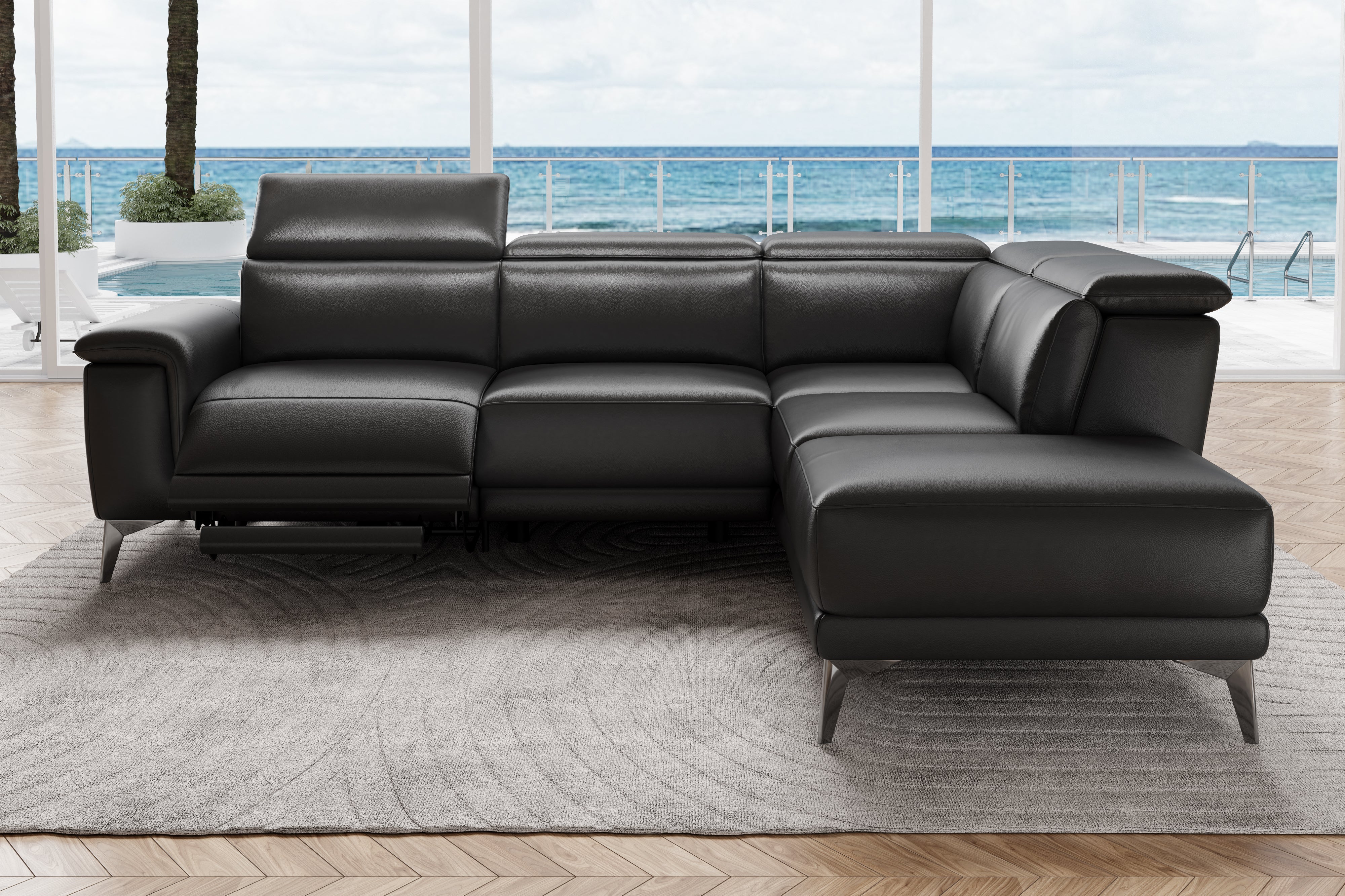 Valencia Pista Modern Top Grain Leather Reclining Sectional Sofa with Right-Hand Facing Chaise, Black