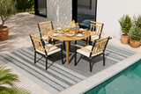 5 Pieces Outdoor Acacia Wood Dining Set Patio Round Table and Metal Chairs with Cushions