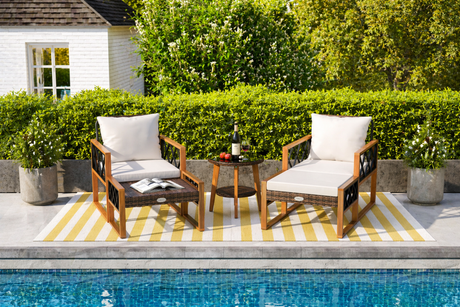5 Pieces Patio Furniture Set PE Rattan Outdoor Conversation Set with Acacia Wood
