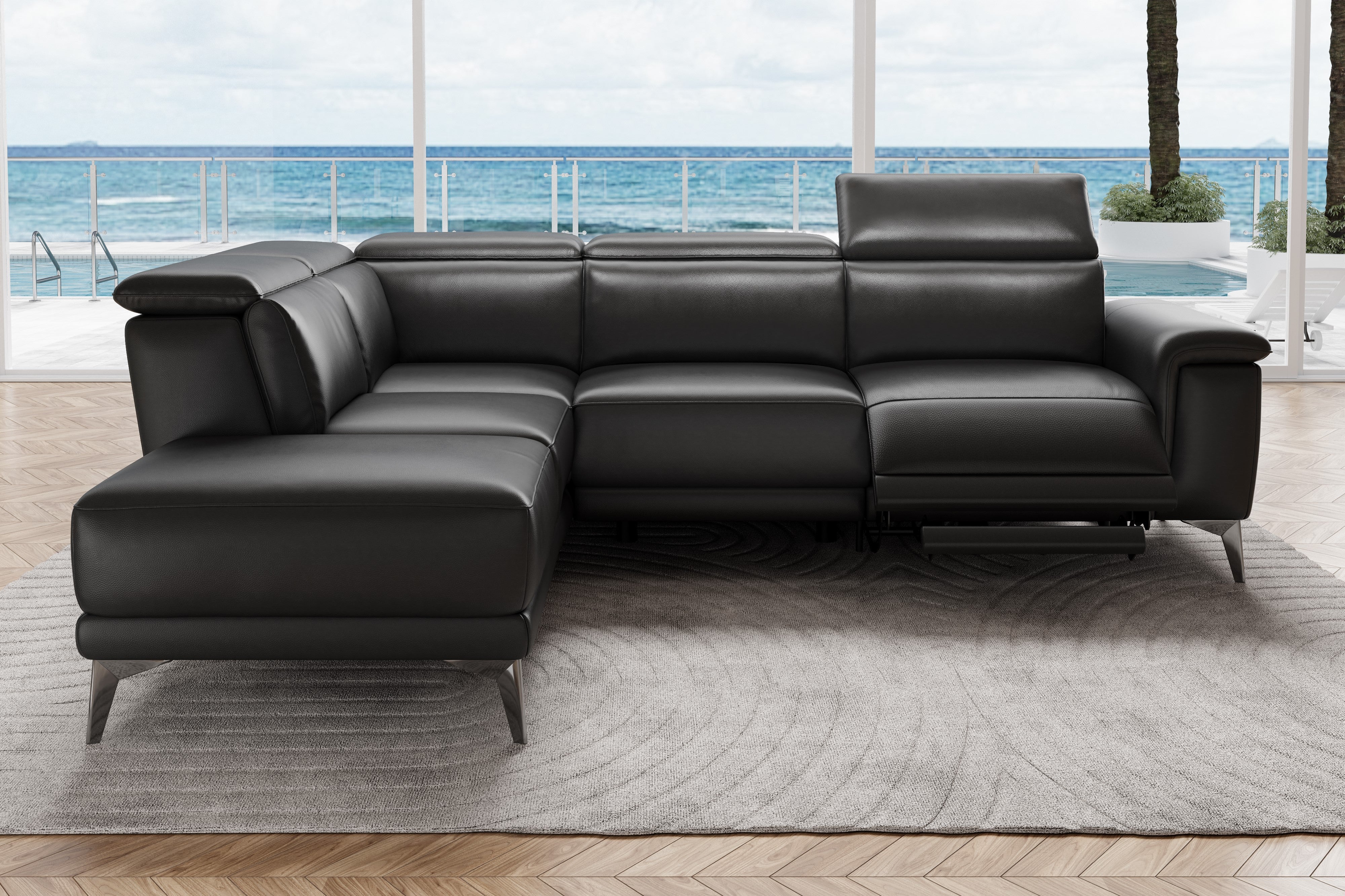 Valencia Pista Modern Top Grain Leather Reclining Sectional Sofa with Left-Hand Facing Chaise, Black