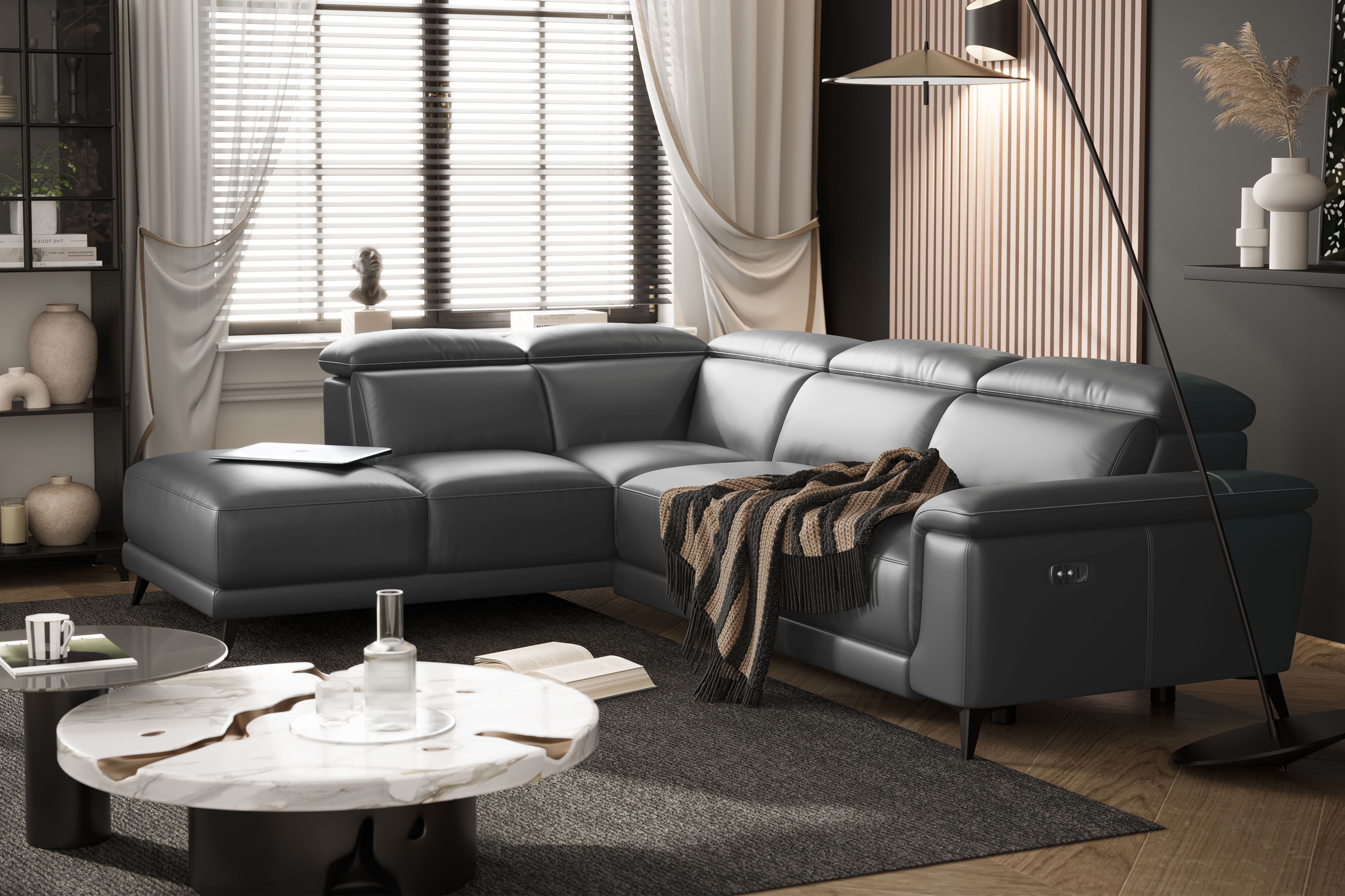 Valencia Pista Modern Top Grain Leather Reclining Sectional Sofa with Left-Hand Facing Chaise, Grey