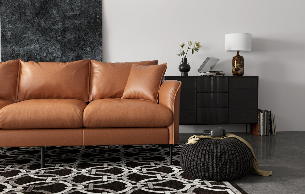 In a Living Room, There is Right-Side Half Straight Front View of A Modern. Walnut Brown, Three Seats, Top-Grain Premium Leather Contemporary Sofa.