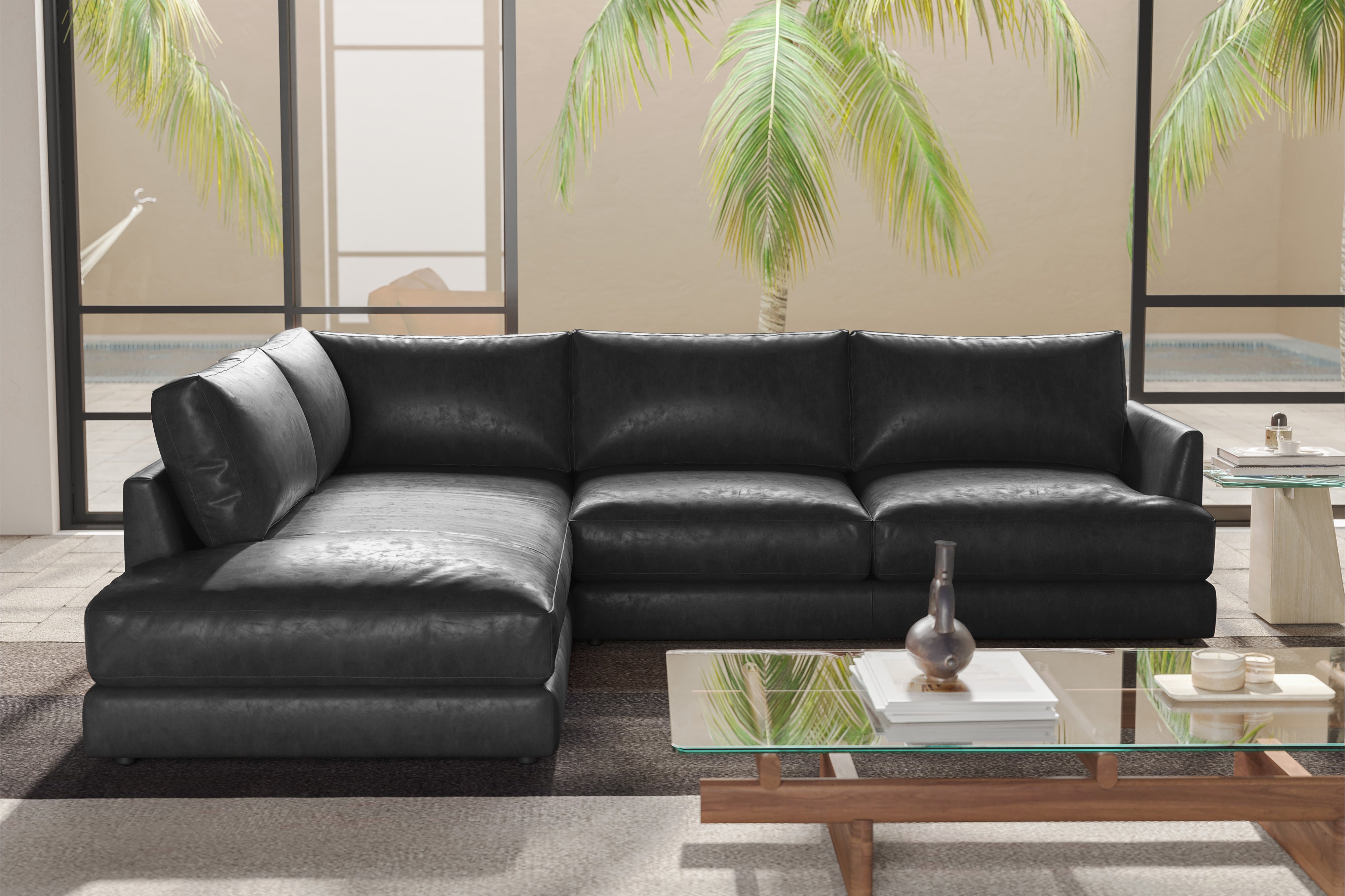 Valencia Serena Leather 2-Piece Left Bumper Chaise Sectional Sofa, Black