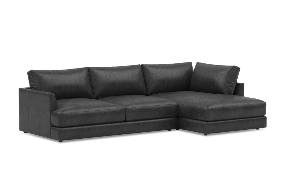 Valencia Serena Leather Three Seats with Right Chaise Sectional Sofa, Black