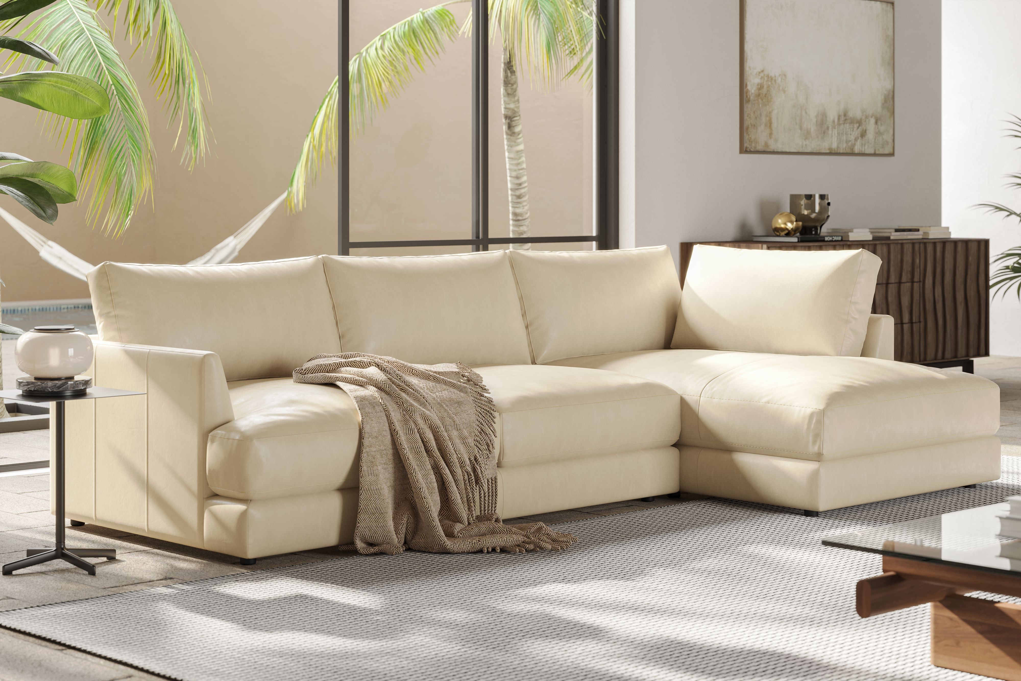 Valencia Serena Leather Three Seats with Right Chaise Sectional Sofa, Beige