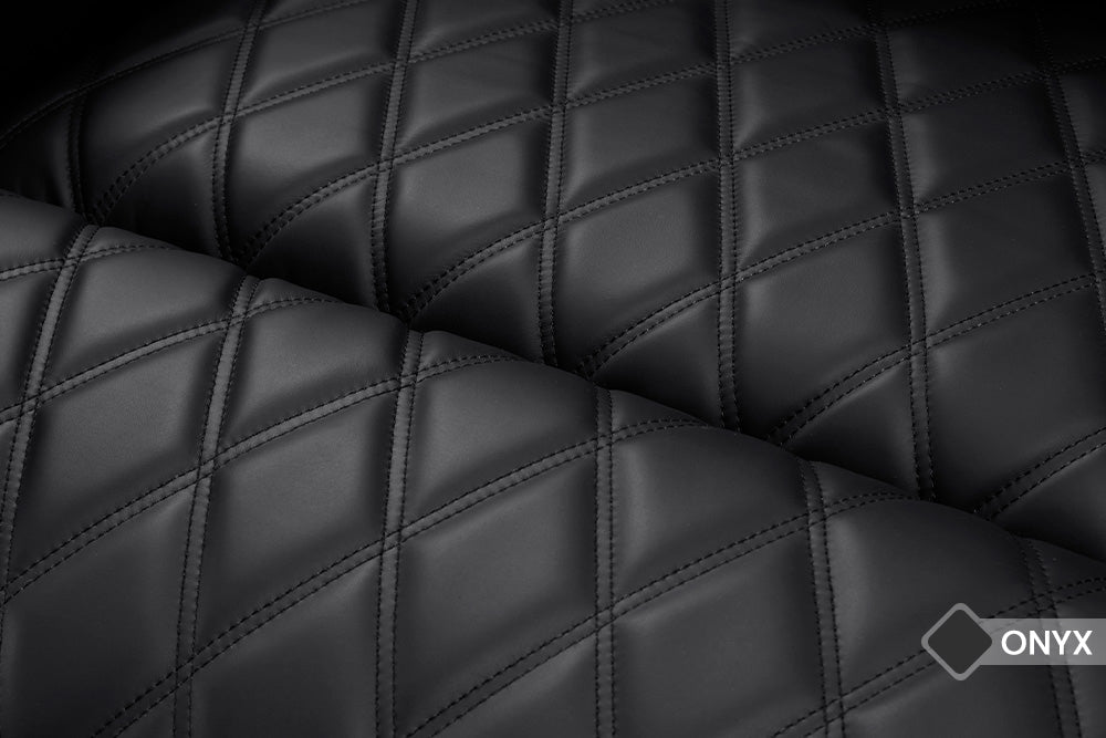 French Diamond Stitching Close-Up View of A Luxurious, Onyx, Wood and Steel Frame, Semi-Aniline Italian Nappa Leather Oslo Luxury Edition Home Theater Seating.