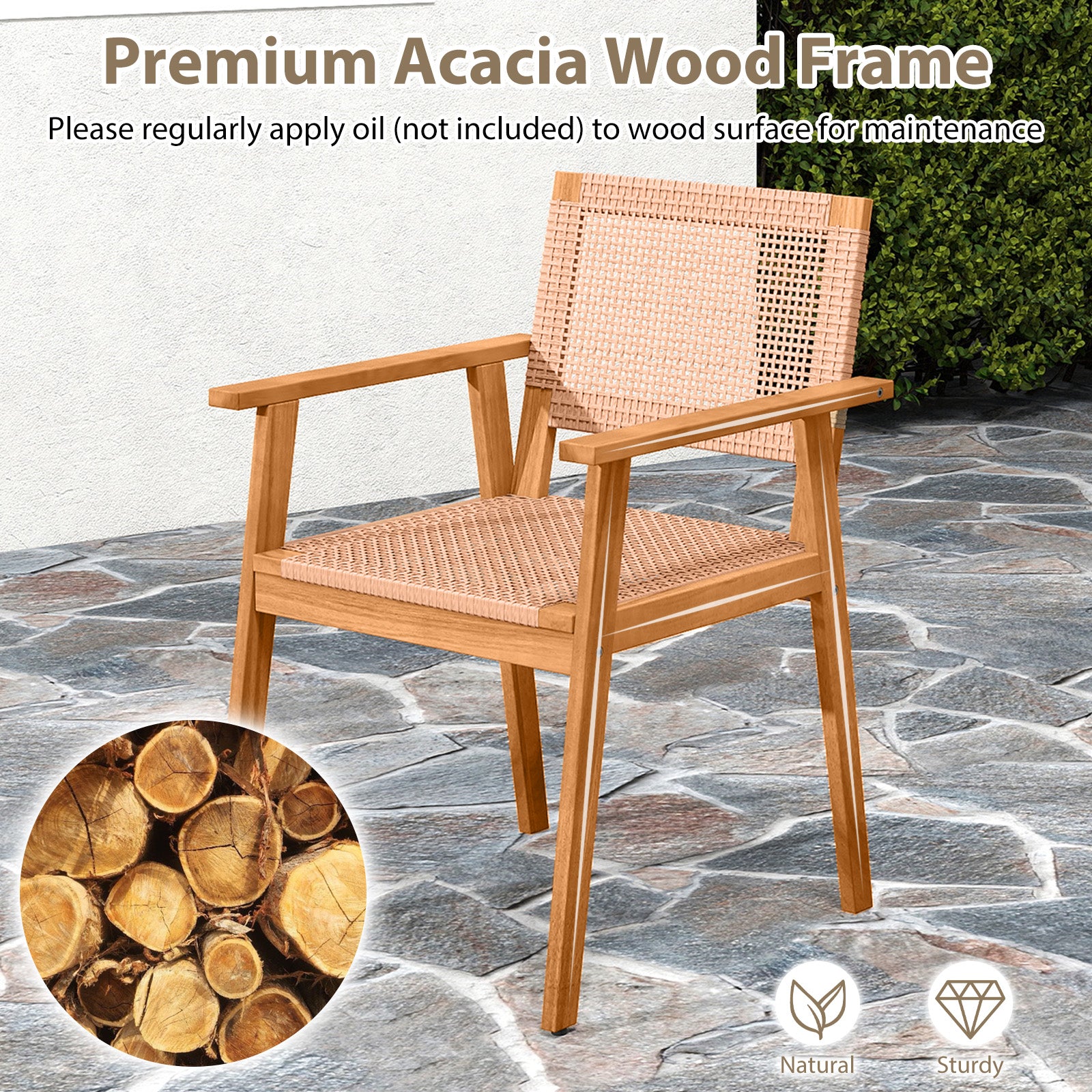 5 Pieces Acacia Wood Dining Set with Outdoor Table and Rattan Chairs for 4 Persons
