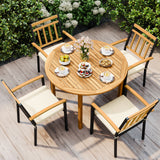 5 Pieces Outdoor Acacia Wood Dining Set Patio Round Table and Metal Chairs with Cushions