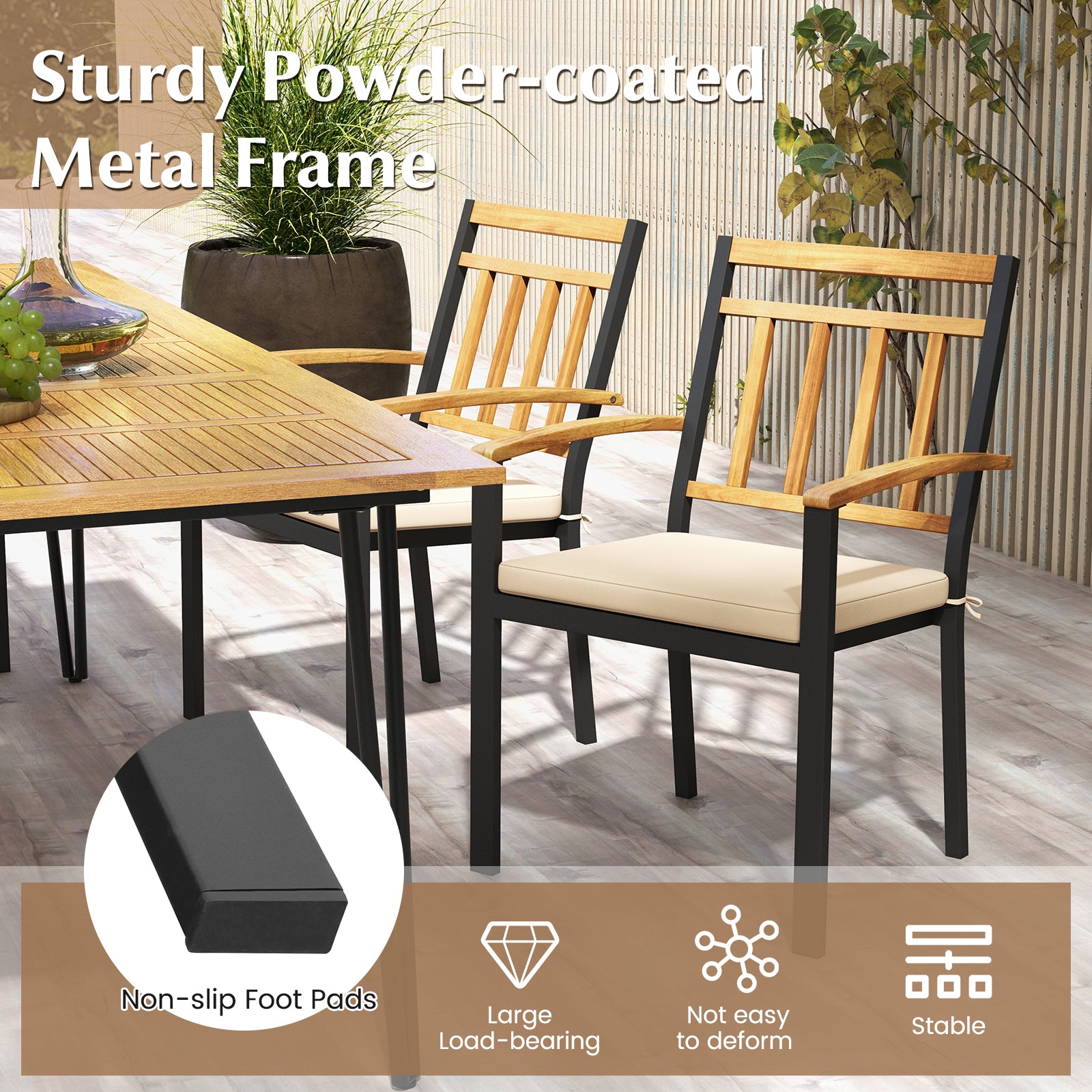 5 Pieces Outdoor Acacia Wood Dining Set Patio Round Table and Metal Chairs with Cushions