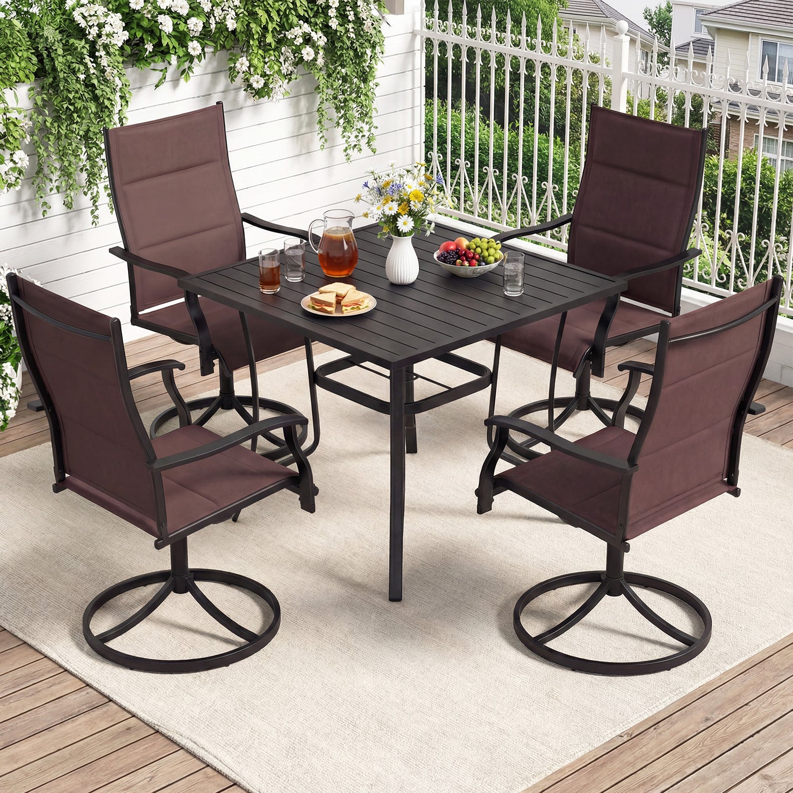5 Pieces Outdoor Dining Set with 4 Swivel Chairs and 36 Inch Square Patio Table