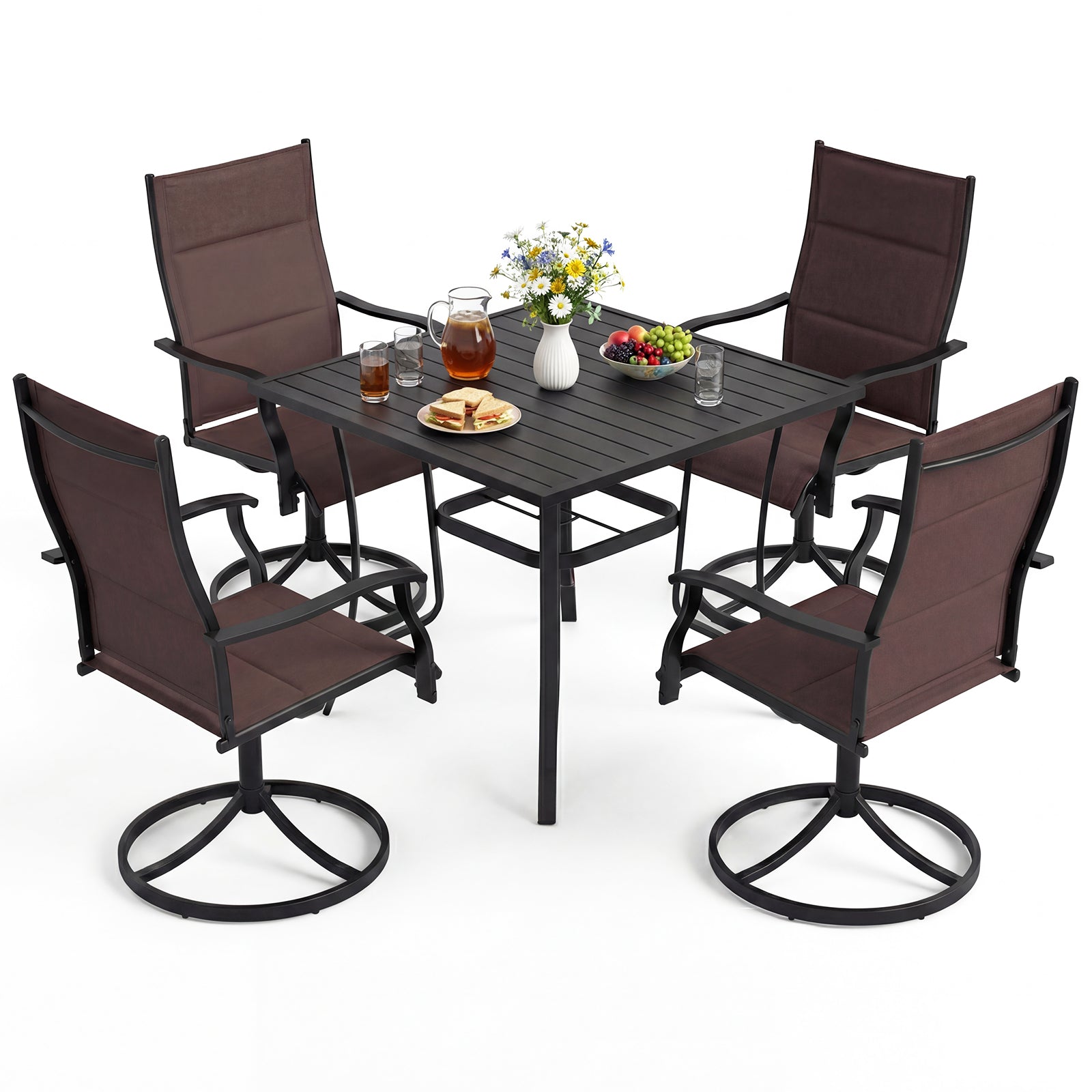 5 Pieces Outdoor Dining Set with 4 Swivel Chairs and 36 Inch Square Patio Table