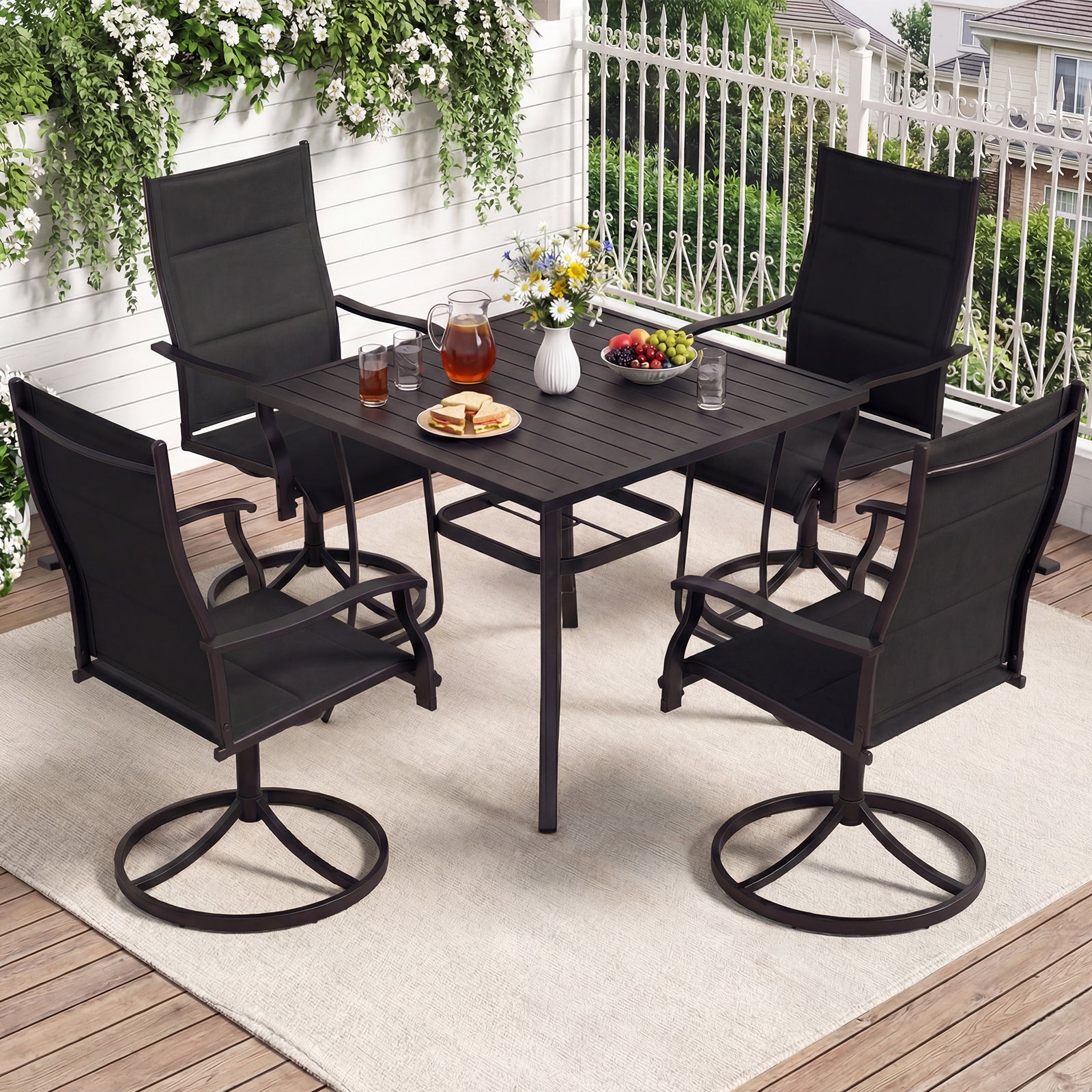 5 Pieces Outdoor Dining Set with 4 Swivel Chairs and 36 Inch Square Patio Table