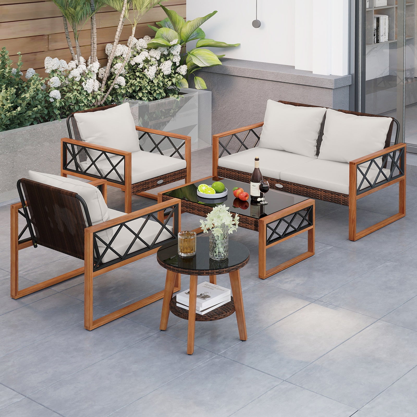 5 Pieces PE Wicker Patio Furniture Set with Acacia Wood Frame