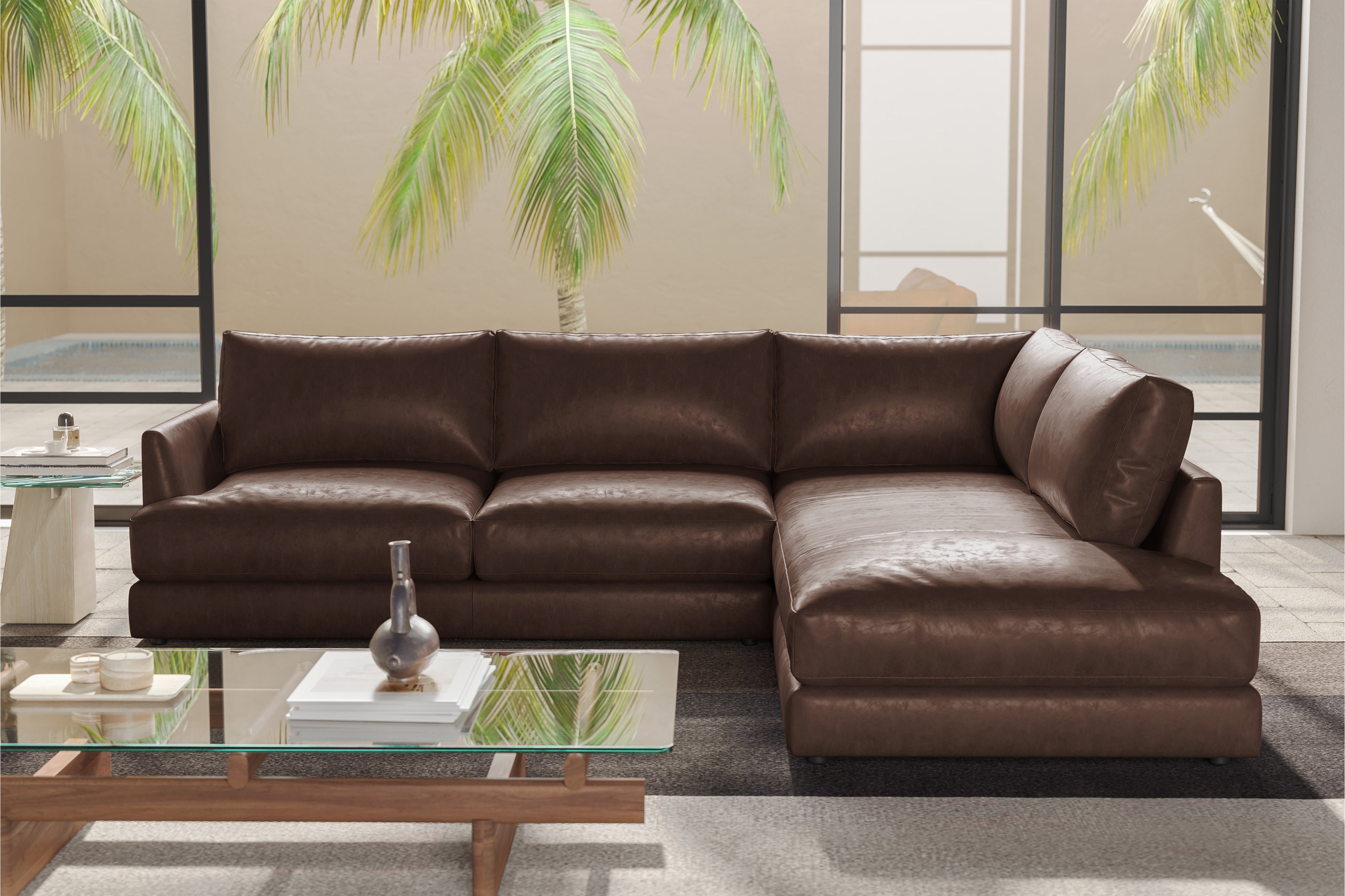 Valencia Serena Leather 2-Piece Right Bumper Chaise Sectional Sofa, Brown