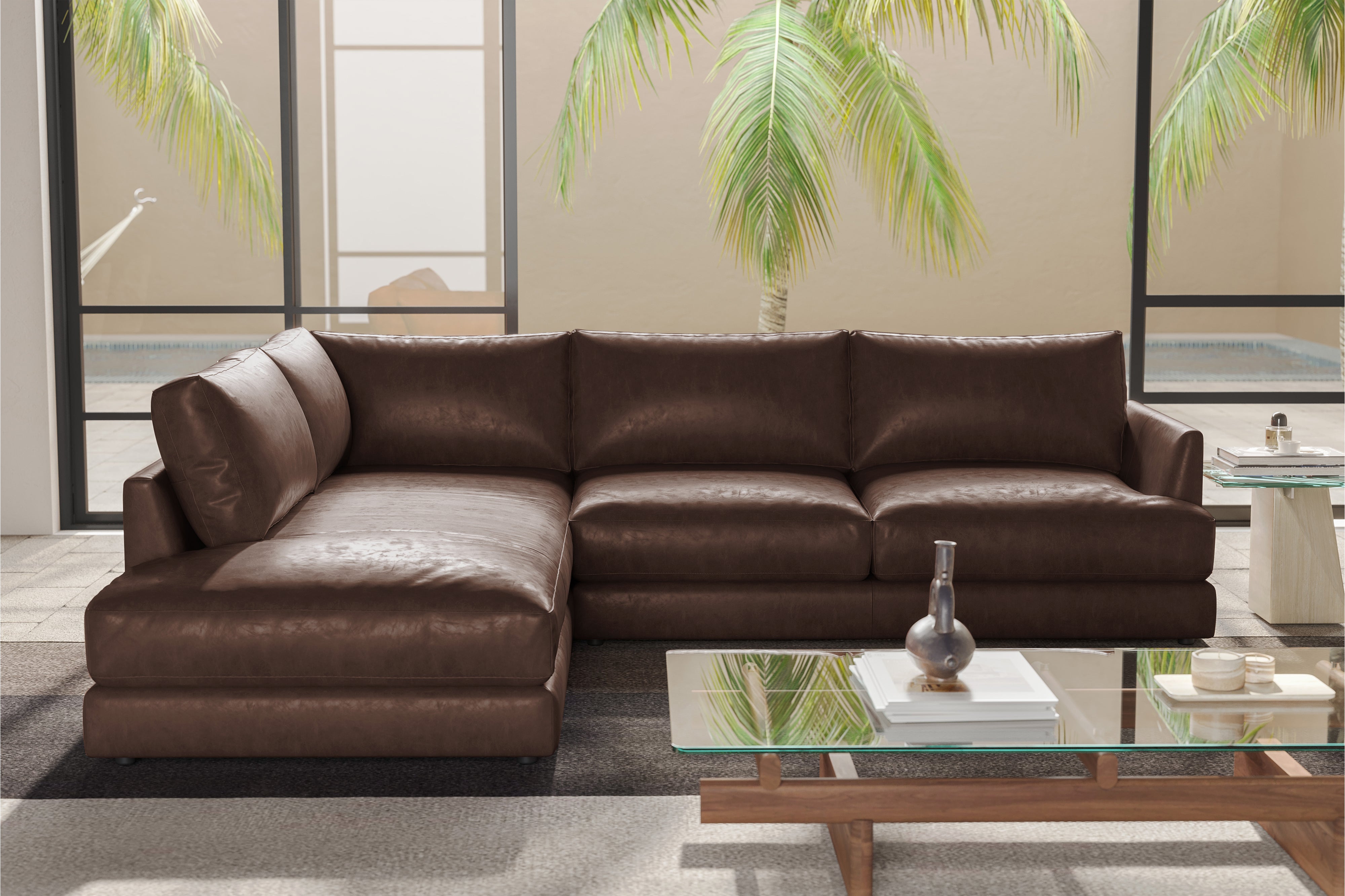 Valencia Serena Leather 2-Piece Left Bumper Chaise Sectional Sofa, Brown