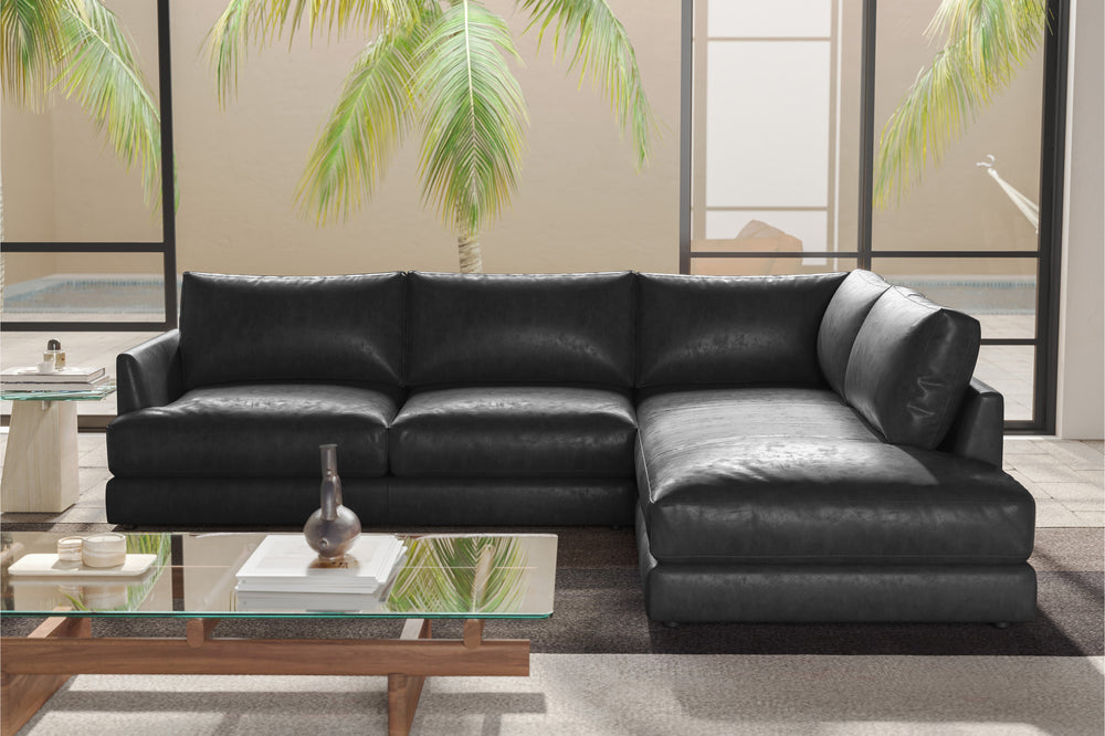 Valencia Serena Leather 2-Piece Right Bumper Chaise Sectional Sofa, Black